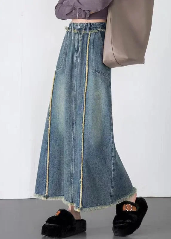 Unique Blue Tasseled Pockets Patchwork Denim Skirts Spring maxi skirt elegant