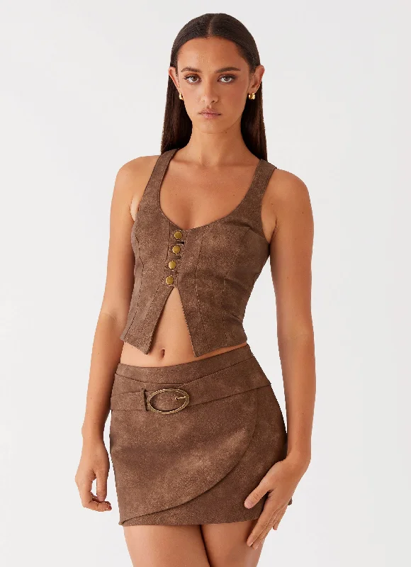 West District PU Mini Skirt - Brown a-line skirt cut