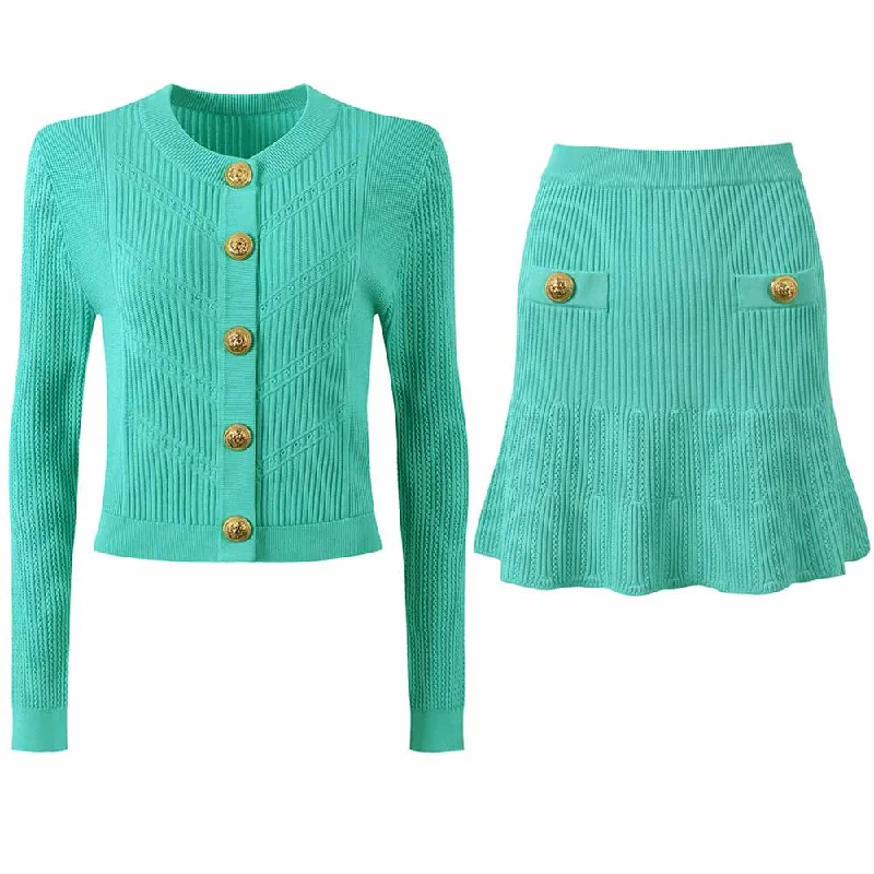 Women Knitted Mini Skirt Suit Button Embellished Two Pieces Set a-line skirt cut