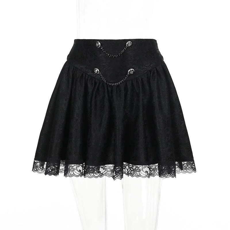 Women's Gothic Chains Lace Splice Pleated Skirt chiffon skirt lightweight