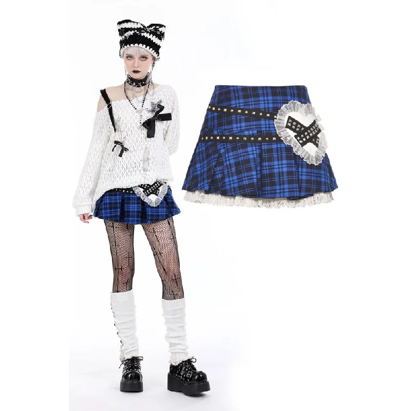 Women's Lolita Studded Plaid Pleated Skirt button skirt front