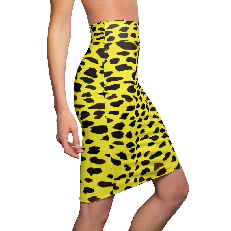 Yellow Leopard Women's Pencil Skirt, Animal Print Designer Mid Waist Skirt For Ladies-Made in USA leather skirt refined